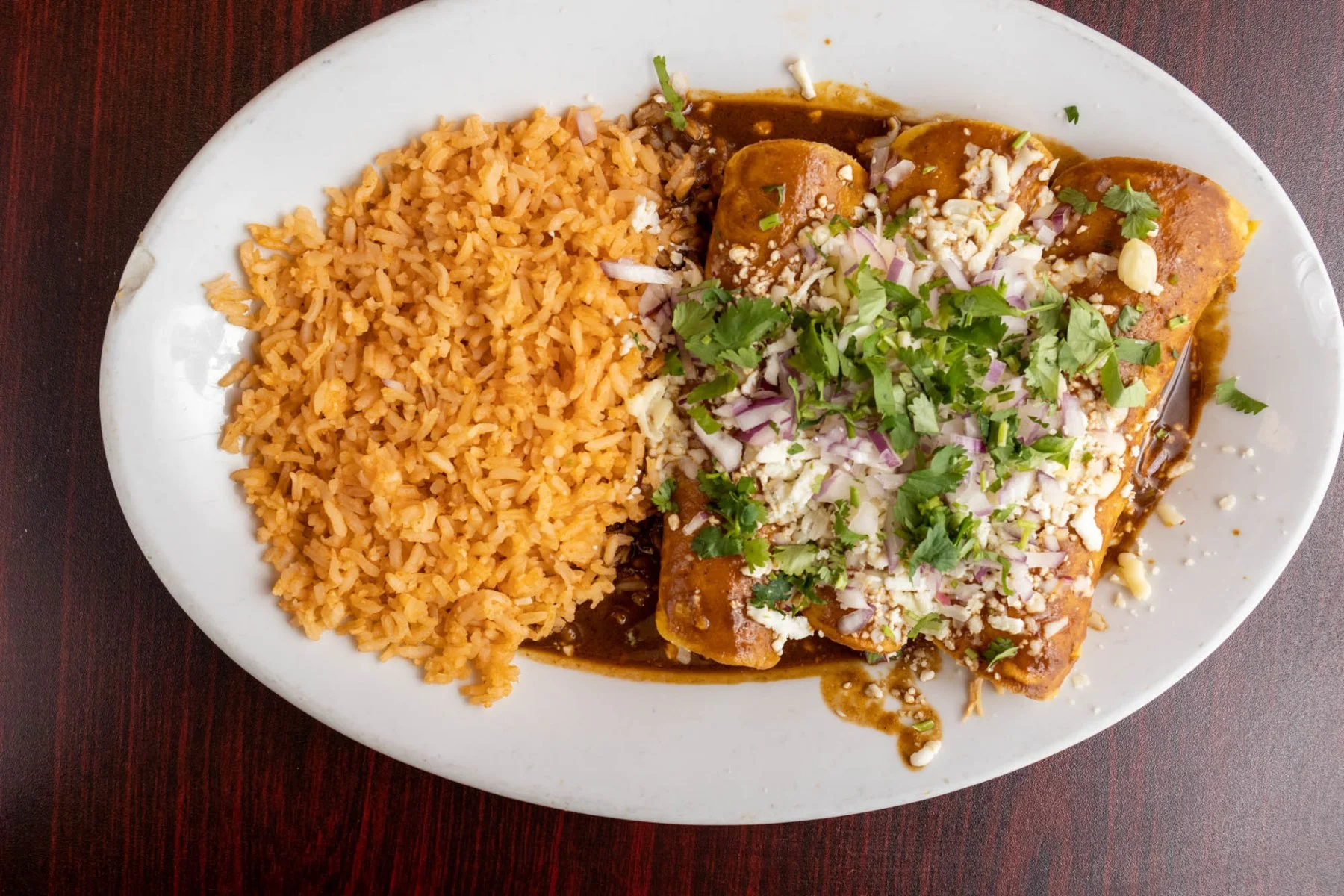 Plate of enchiladas topped with cilantro and onions