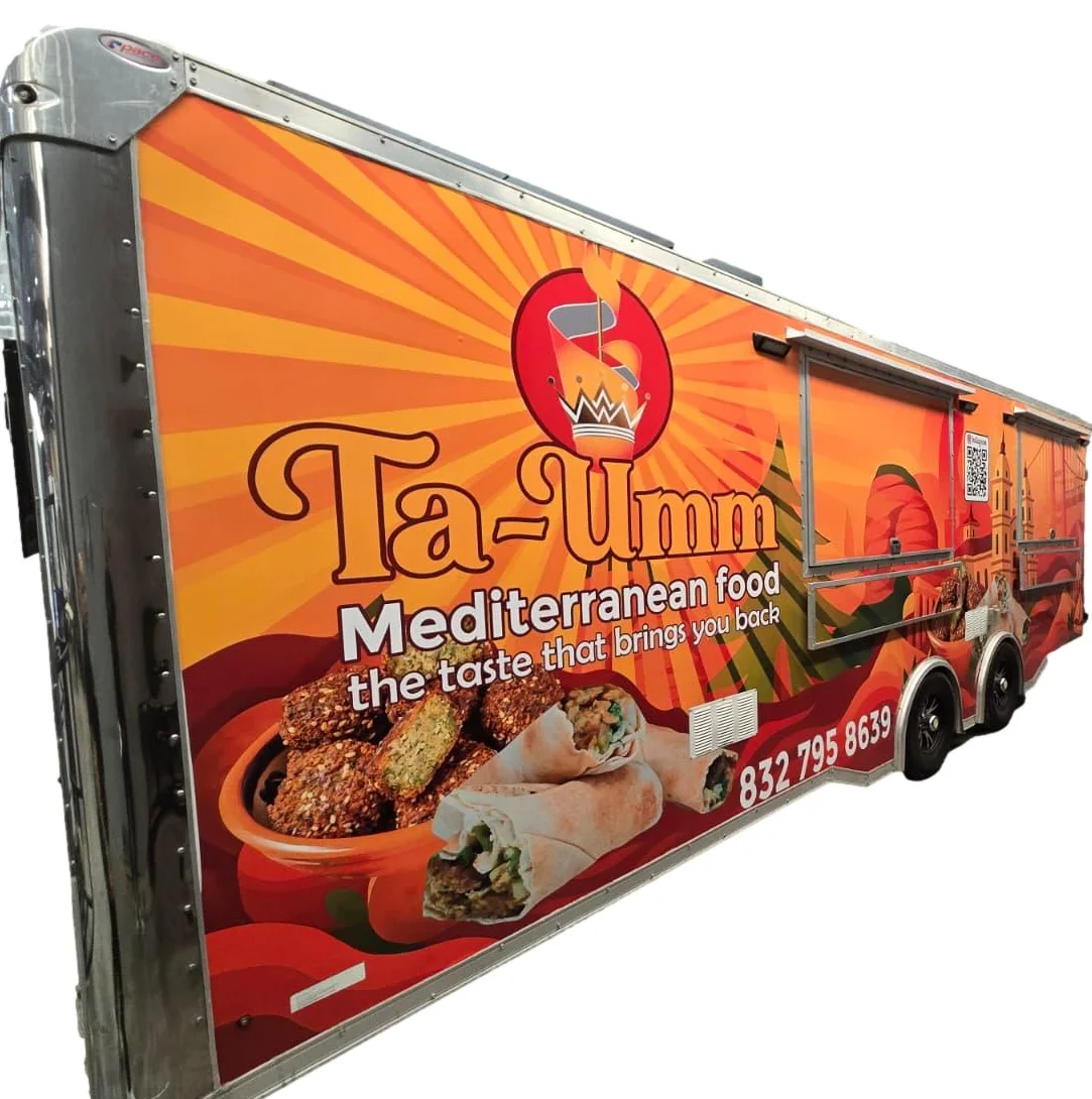 Colorful food truck serving Mediterranean cuisine