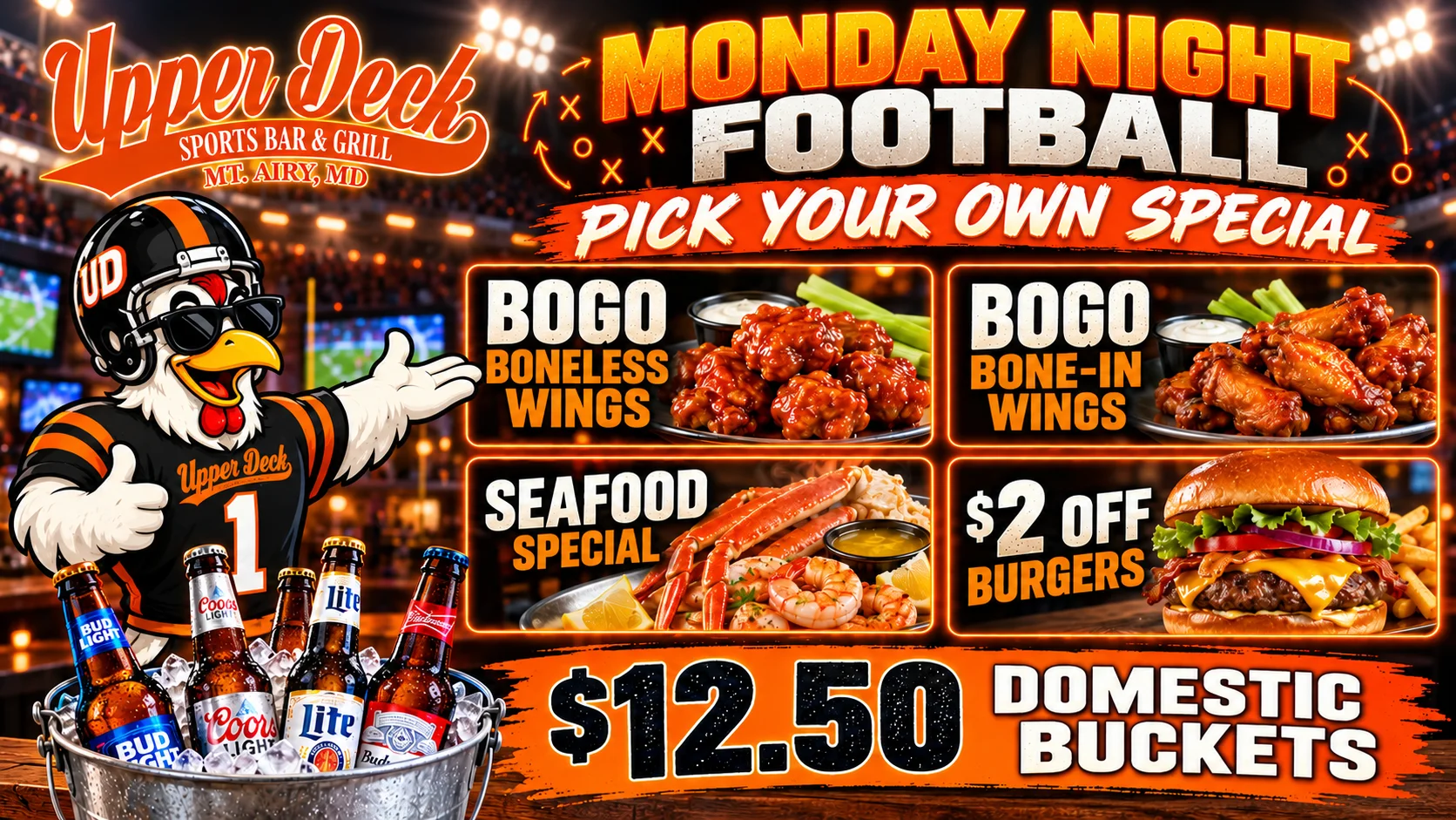 Sports bar football promotion featuring wings, seafood, burgers, and beer buckets