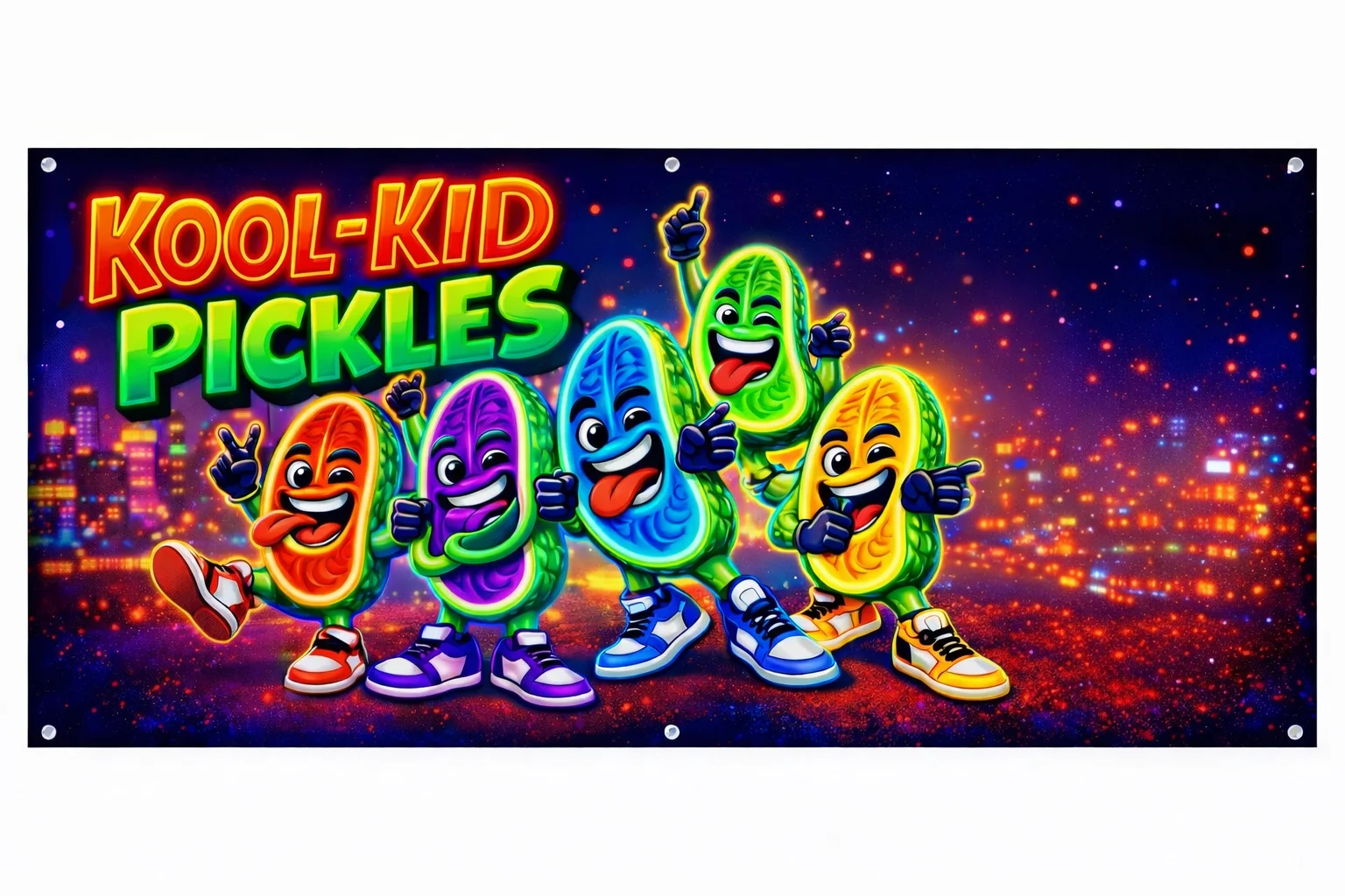 A colorful and playful graphic featuring cartoon pickles in various vibrant colors, each with expressive faces and playful poses, against a cosmic background.