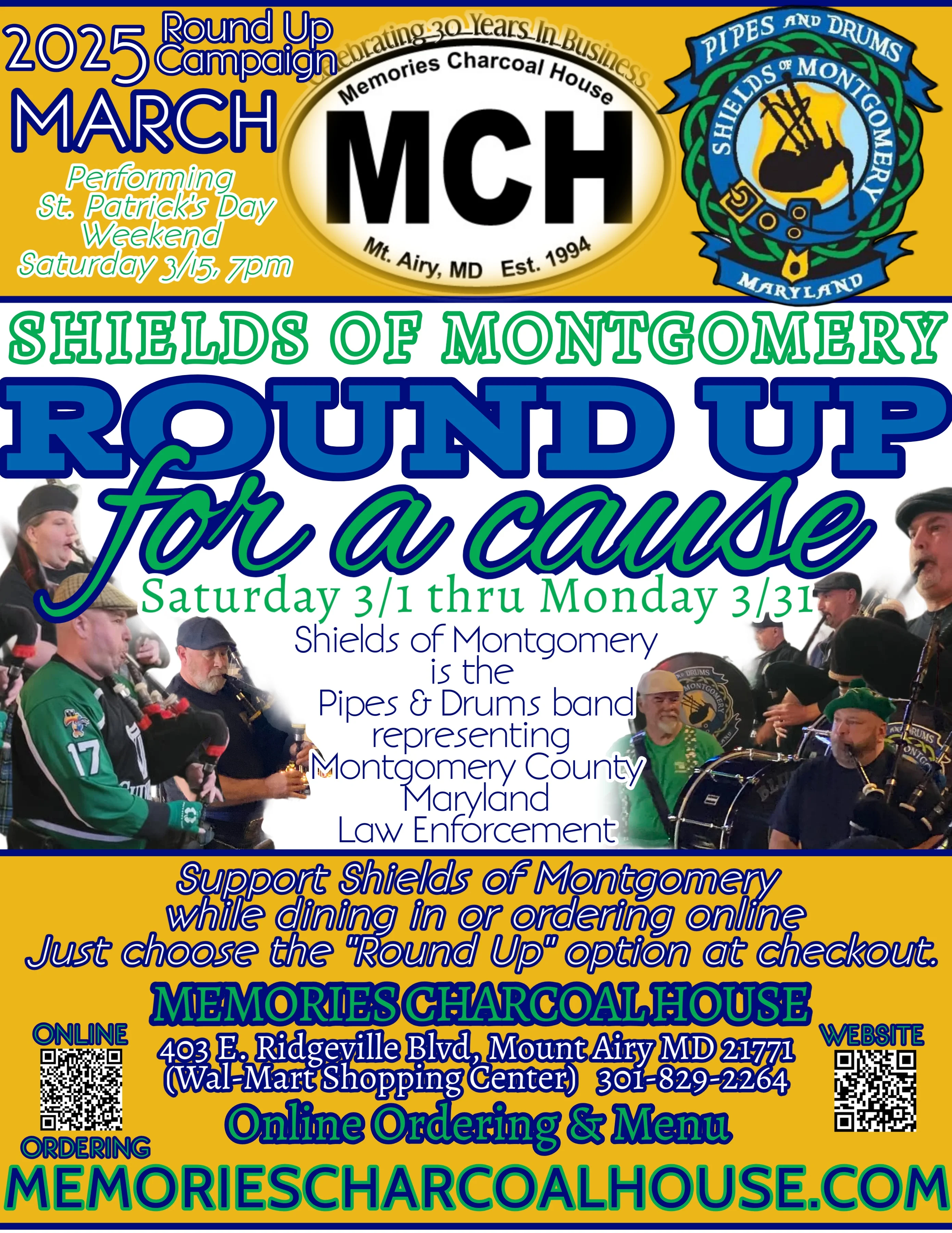 Promotional poster for St. Patrick's Day event at Memories Charcoal House