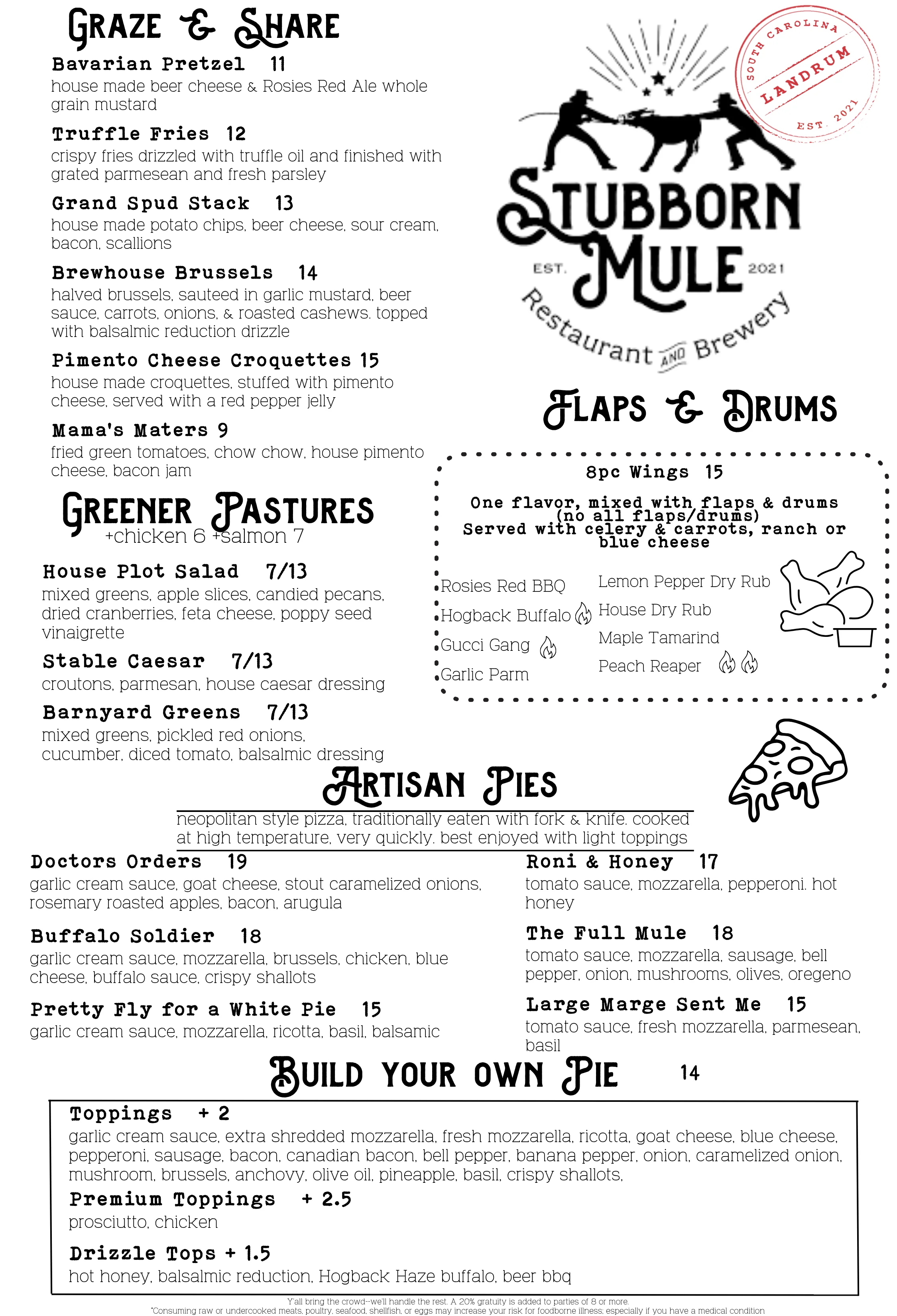 Menu of Stubborn Mule featuring various dishes and drinks.