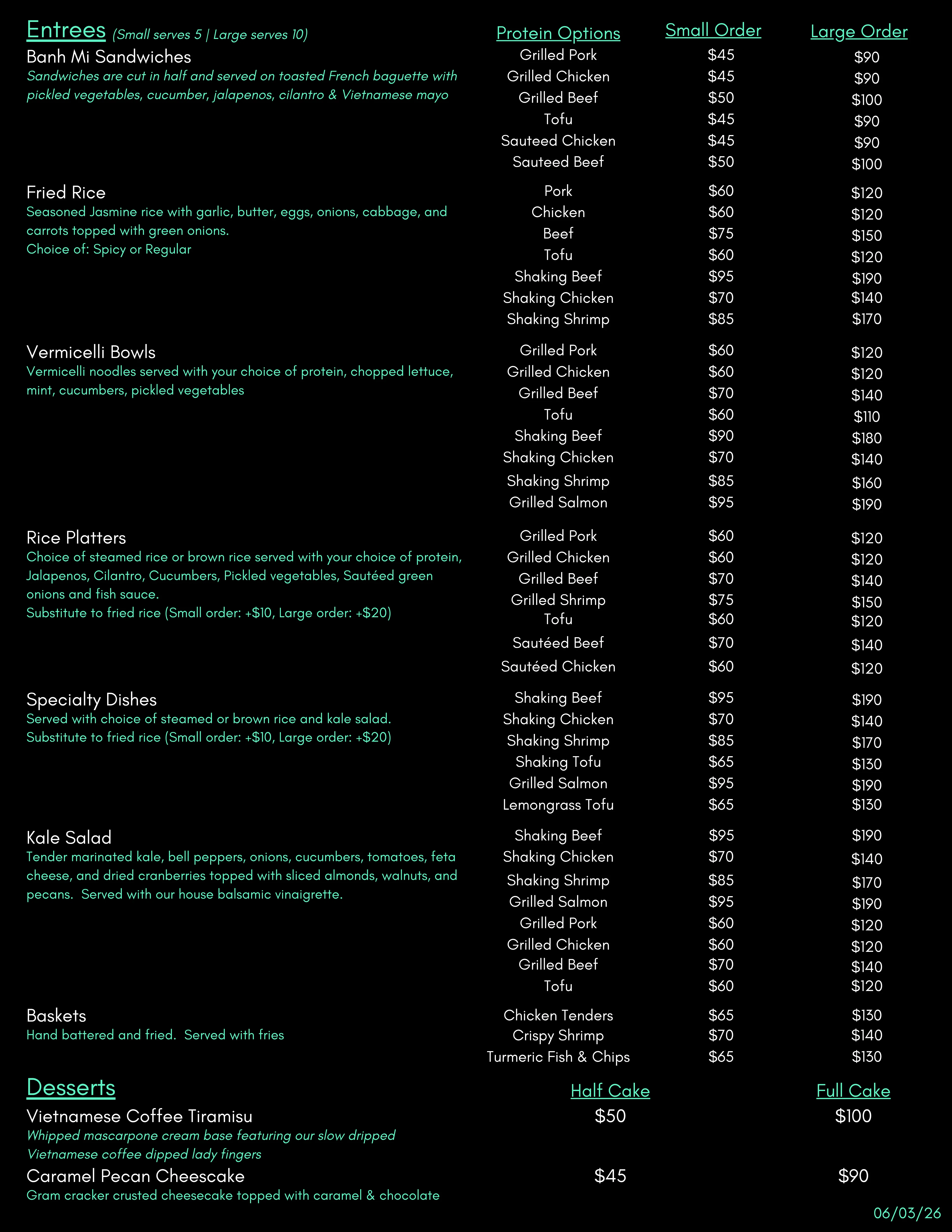 Menu featuring a variety of Vietnamese dishes and desserts