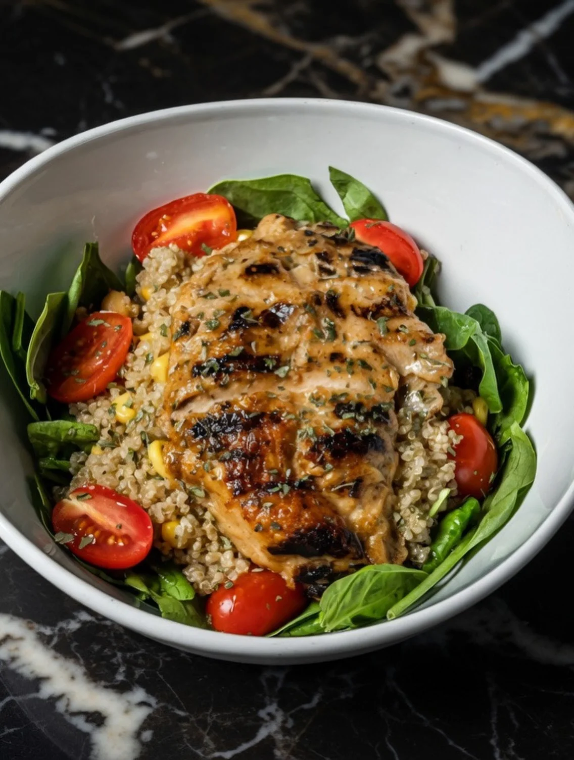 A bowl filled with grilled chicken on a bed of quinoa, surrounded by fresh spinach and cherry tomatoes.