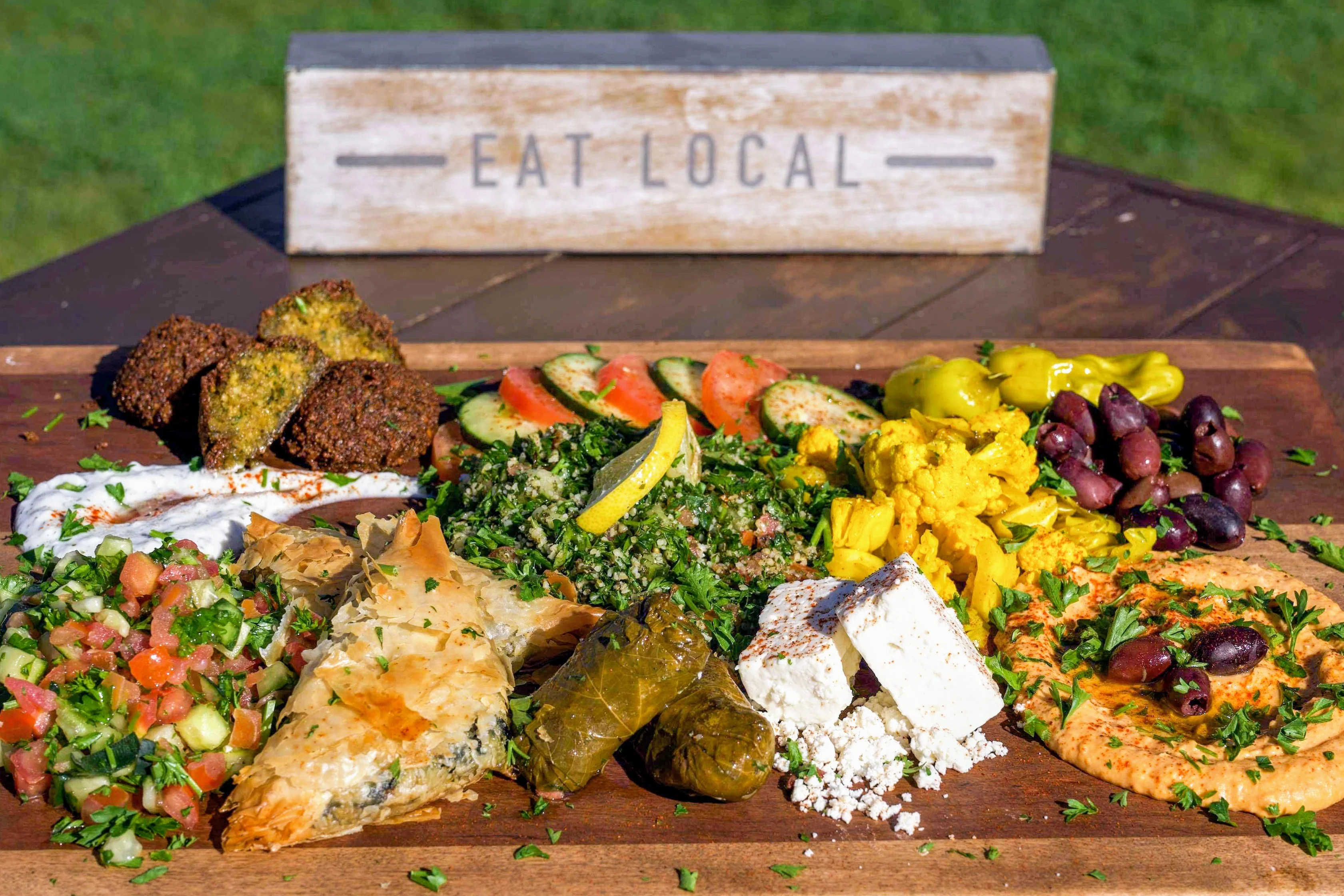 Mediterranean mezze platter with falafel and hummus
