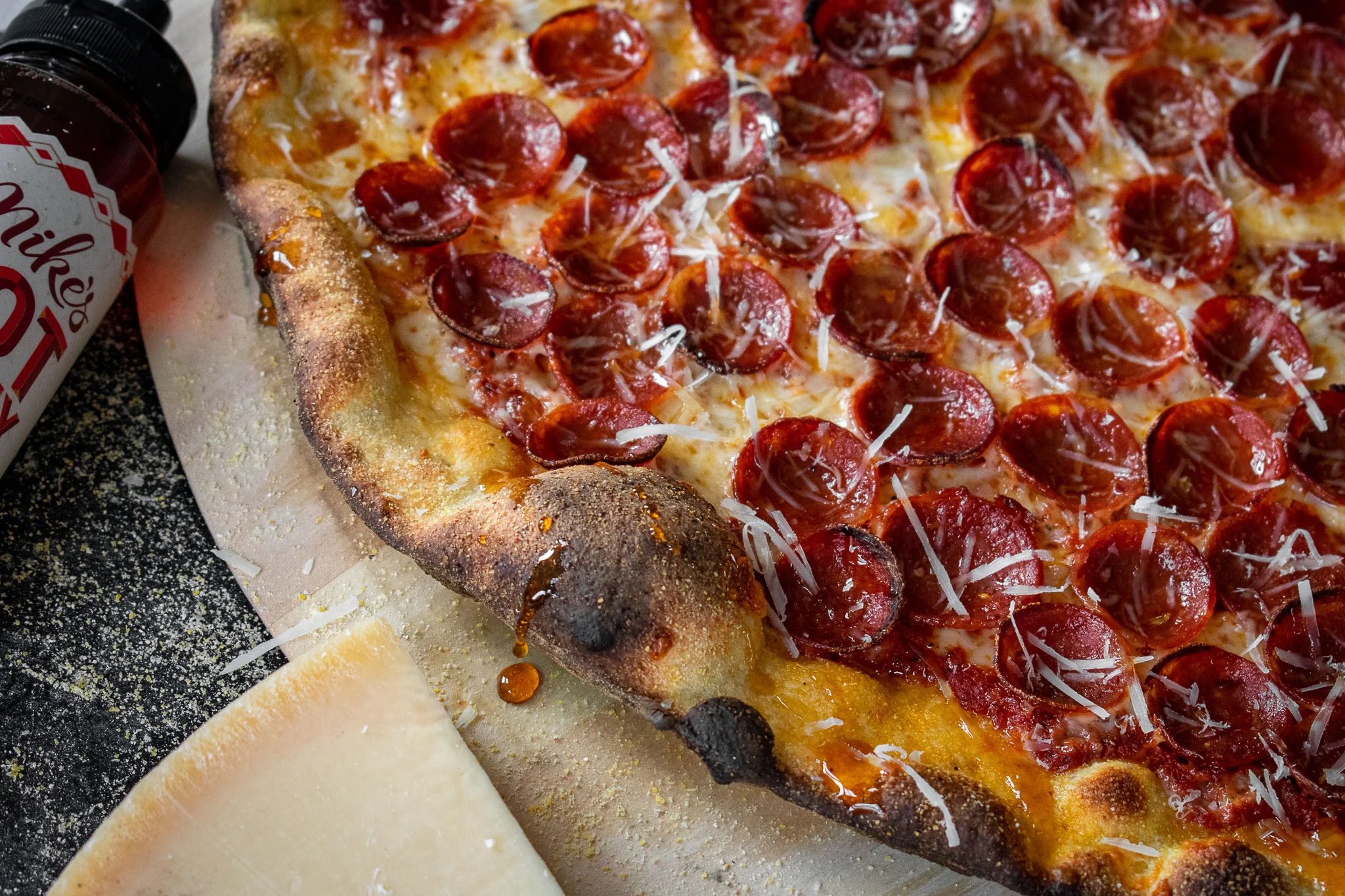 Pepperoni pizza with crispy crust and cheese