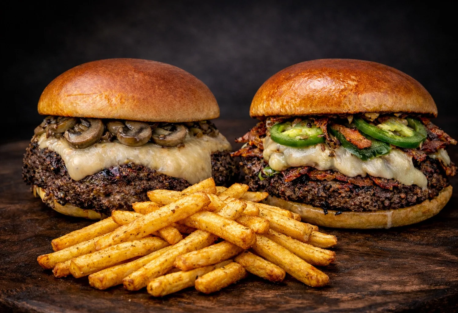 Gourmet burgers with mushrooms and jalapeños served with crispy fries