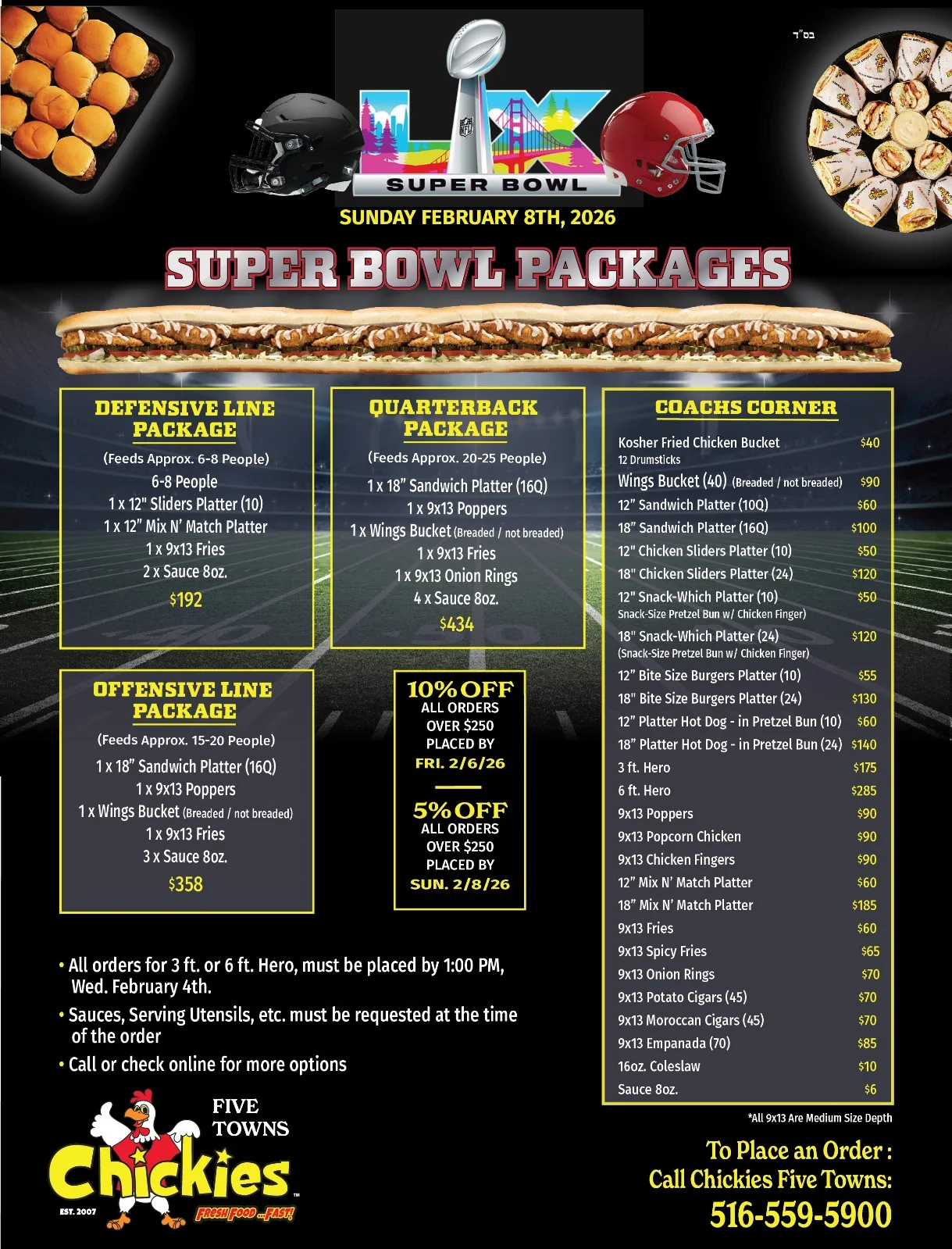 Super Bowl catering packages with sandwiches and chicken platters