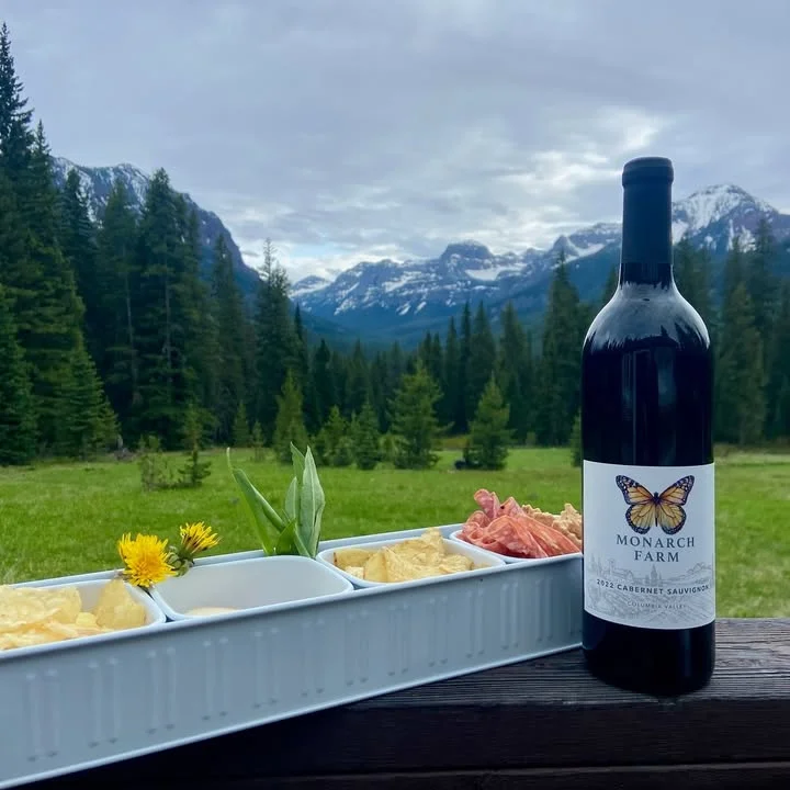 Bottle of Cabernet Sauvignon with charcuterie and mountain backdrop