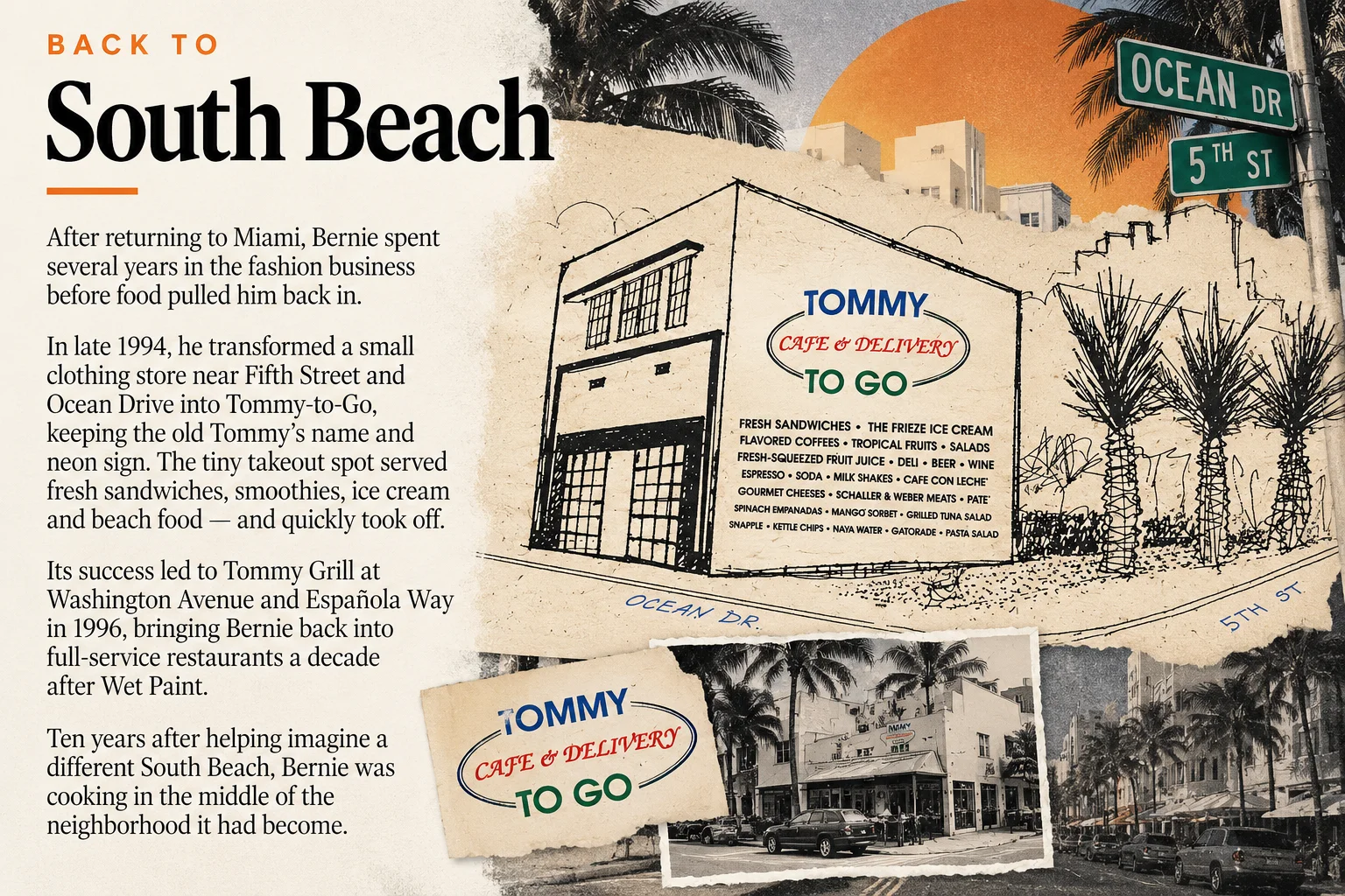 South Beach restaurant history collage with Tommy Cafe signage and Miami street scenes