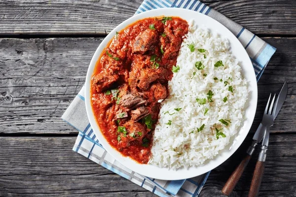 Nigerian beef stew served with white rice