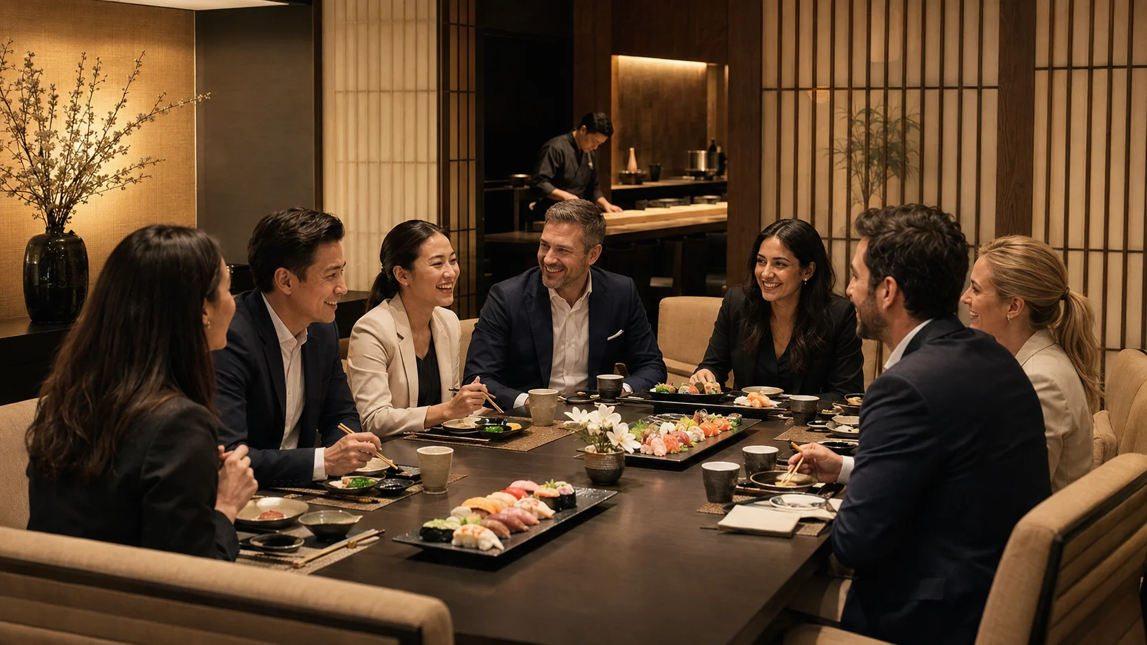 Elegant sushi dining room with wooden decor