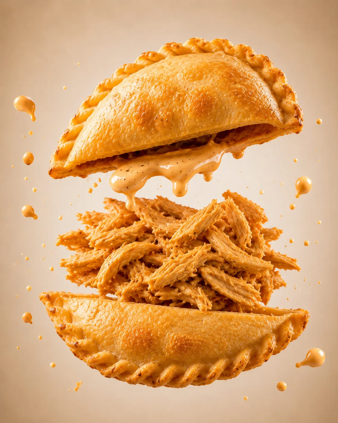 A golden empanada releasing pulled chicken covered in a rich sauce, set against a plain backdrop.
