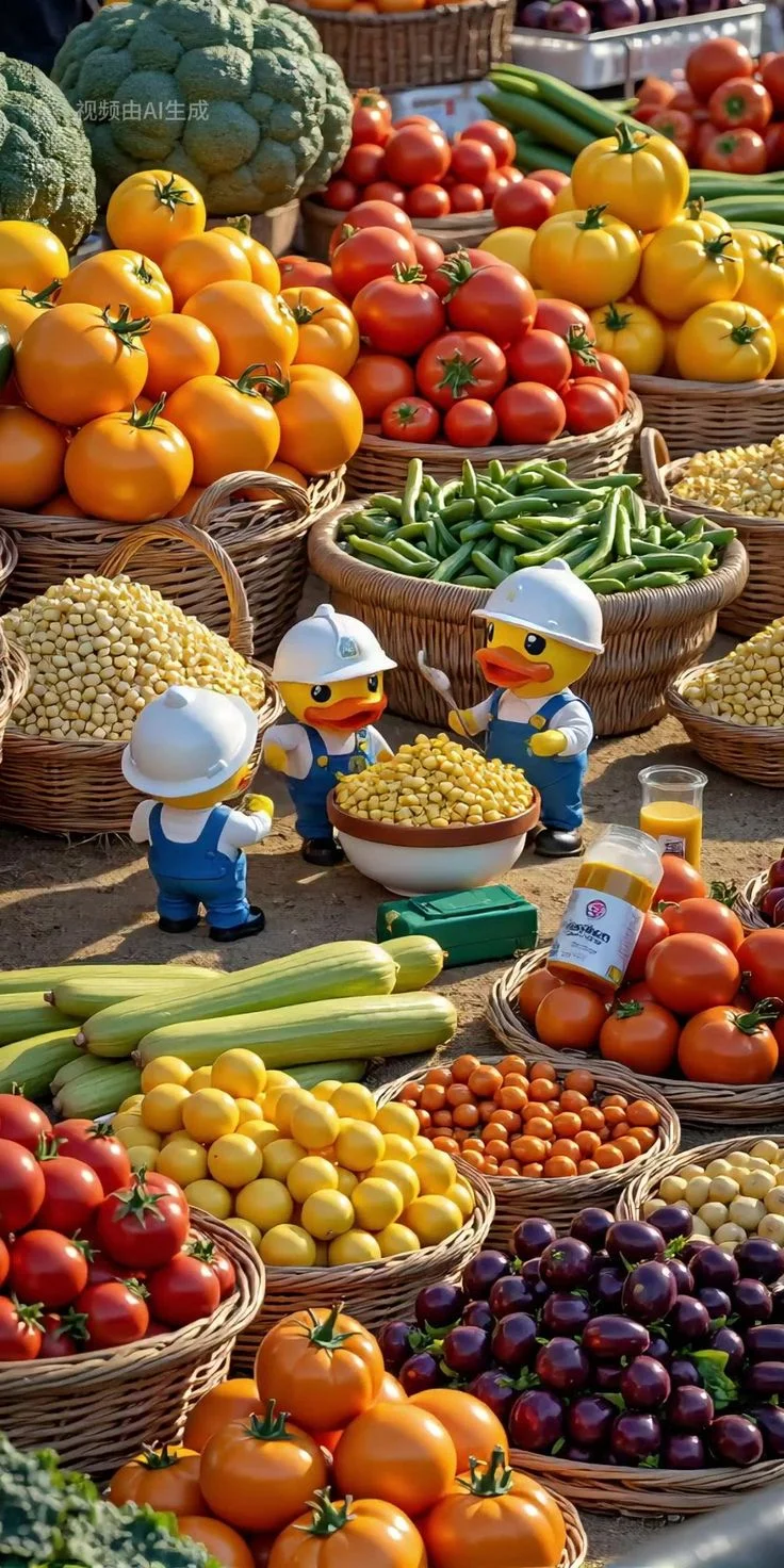 Colorful market display of fresh vegetables and playful figurines