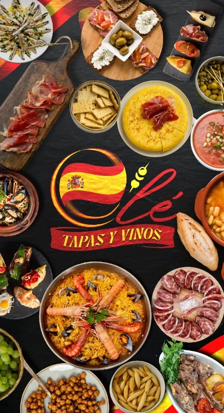 A stylized logo featuring the colors of Spain, including red and yellow stripes along with elements symbolizing tapas and wines.
