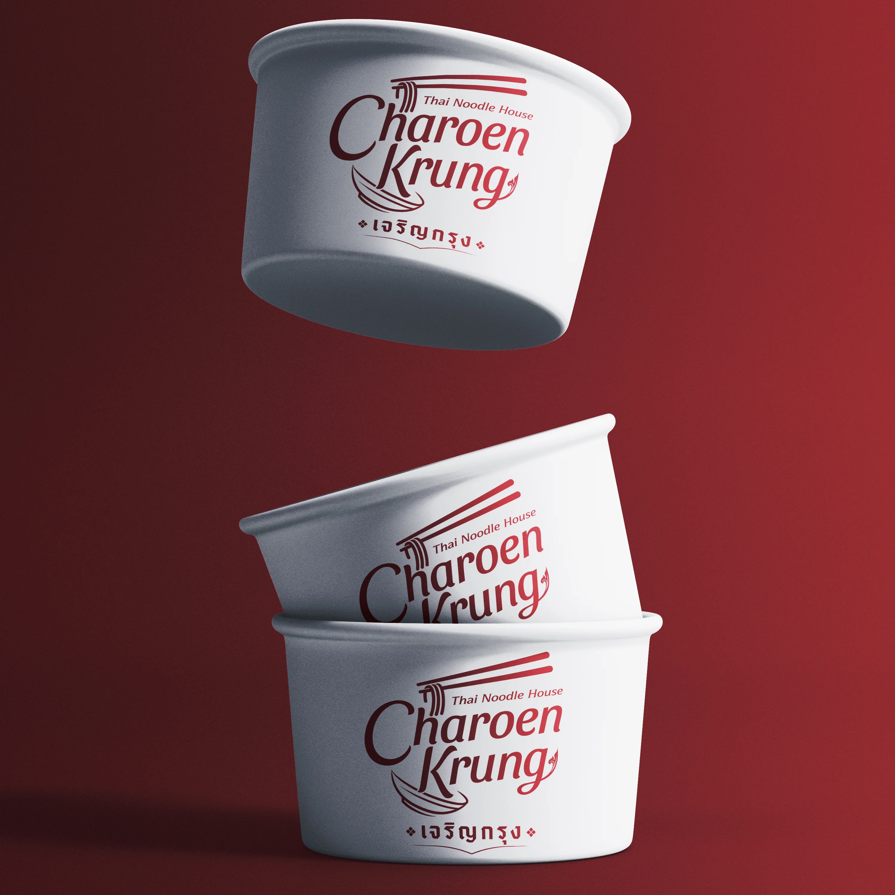 Three stacked white bowls with a logo for a Thai noodle house, featuring red lettering and a bowl illustration.