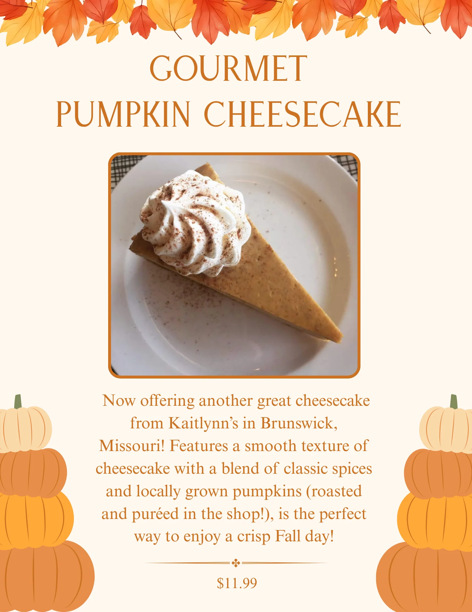 Promotional graphic featuring a slice of pumpkin cheesecake with whipped cream