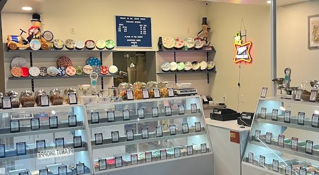 Interior of a peanut shop with various snacks and treats