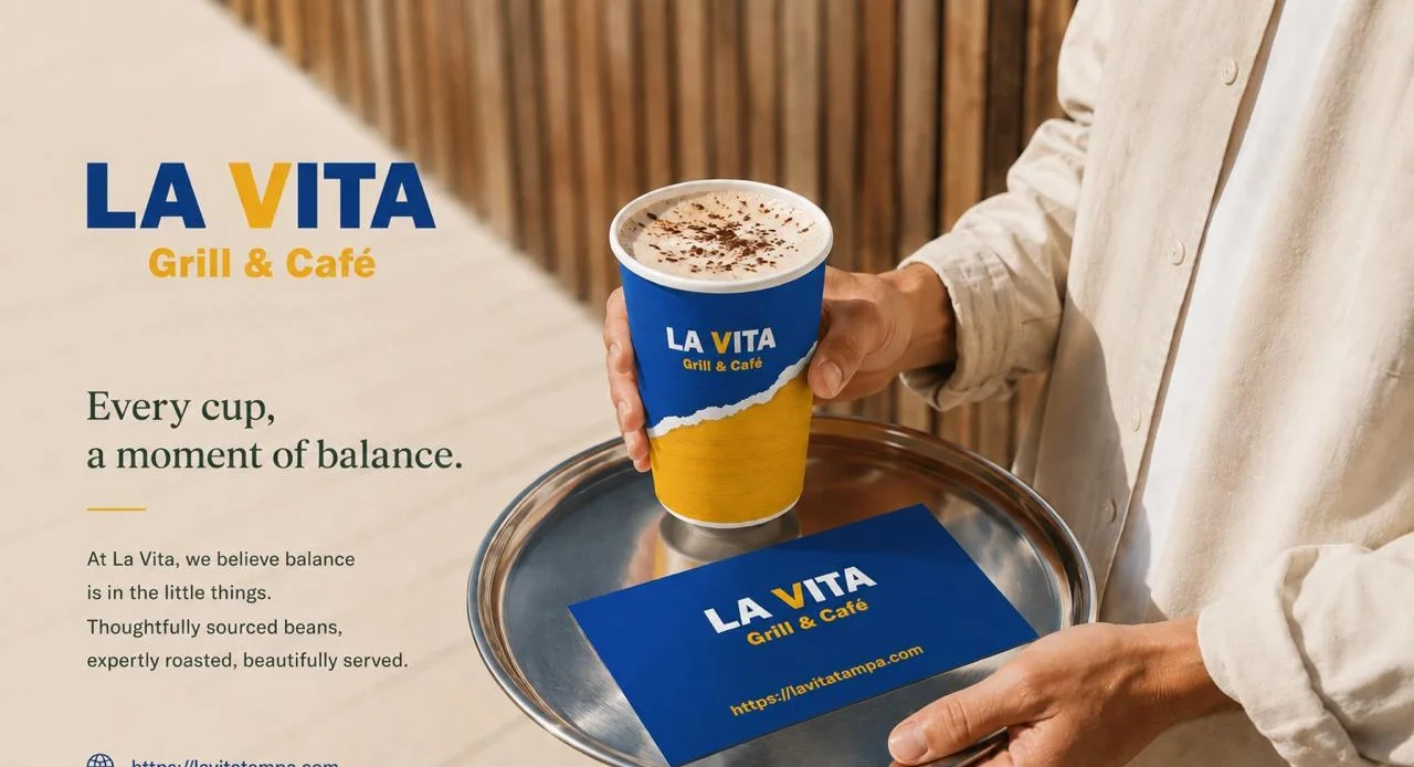 Coffee cup from La Vita Grill & Café on a serving tray