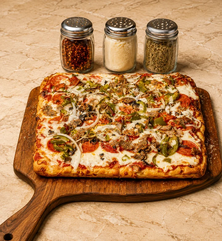 A large pizza with a variety of toppings including pepperoni, green peppers, onions, and sausage, presented on a wooden cutting board with spice jars in the background.