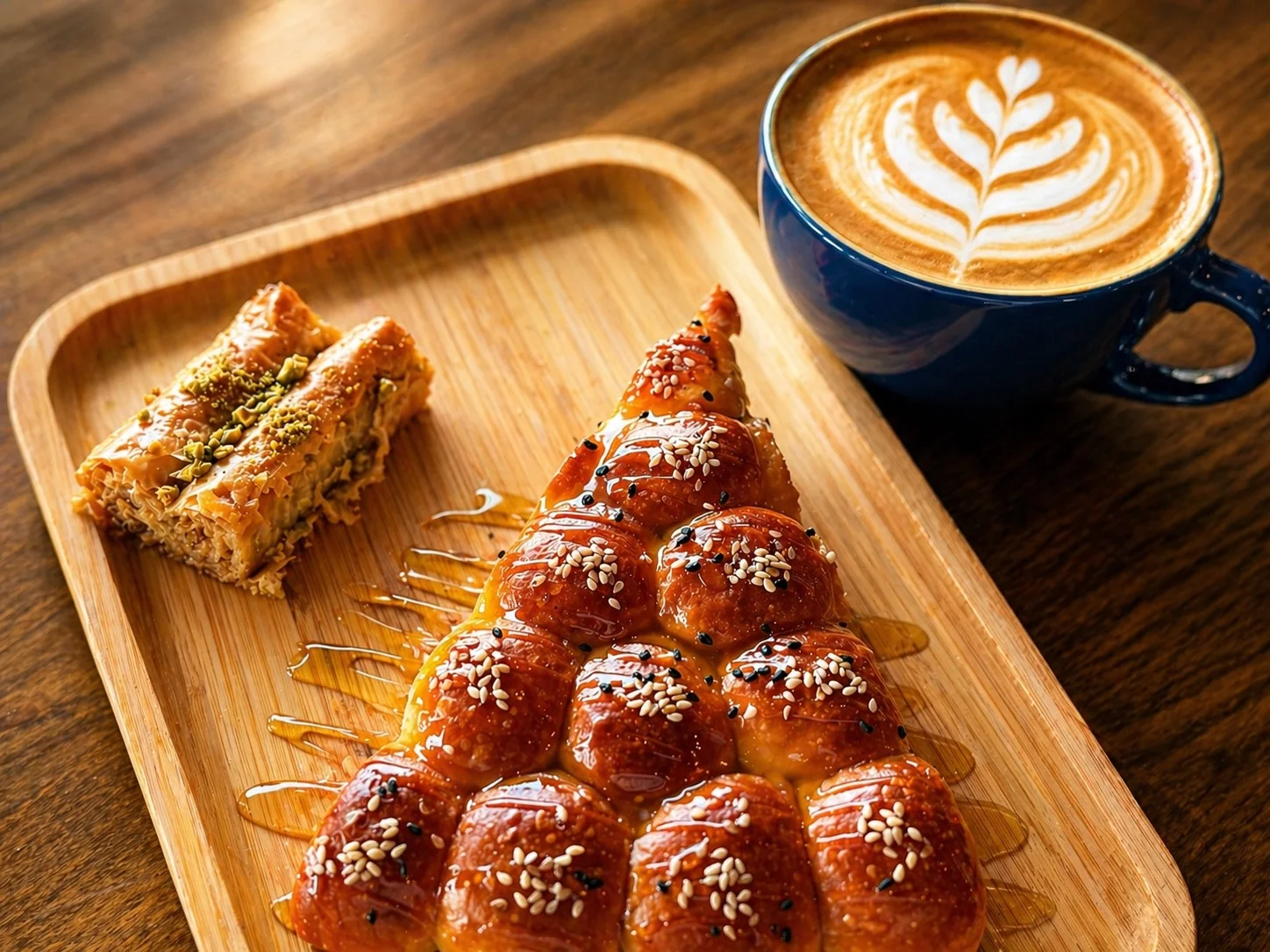 A wooden platter with baklava, honey-soaked pastry, and a latte art coffee.