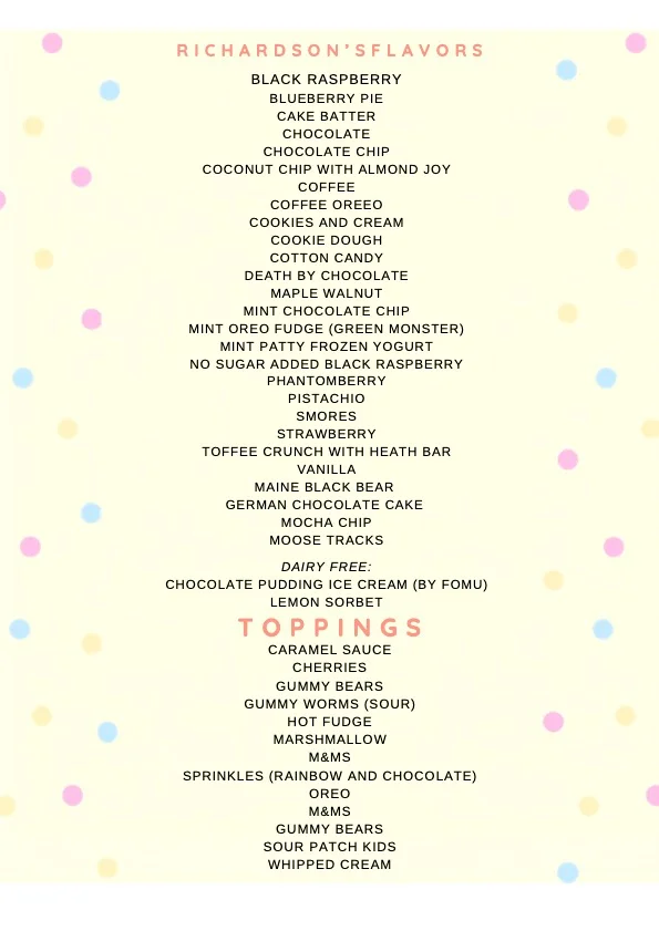 Colorful ice cream menu featuring pastel designs and various flavors.