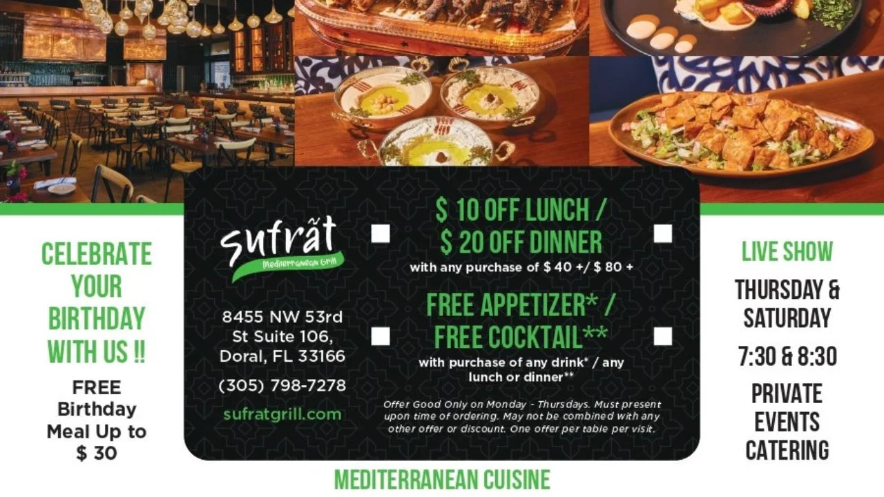 Menu featuring Mediterranean dishes and wraps on a table.