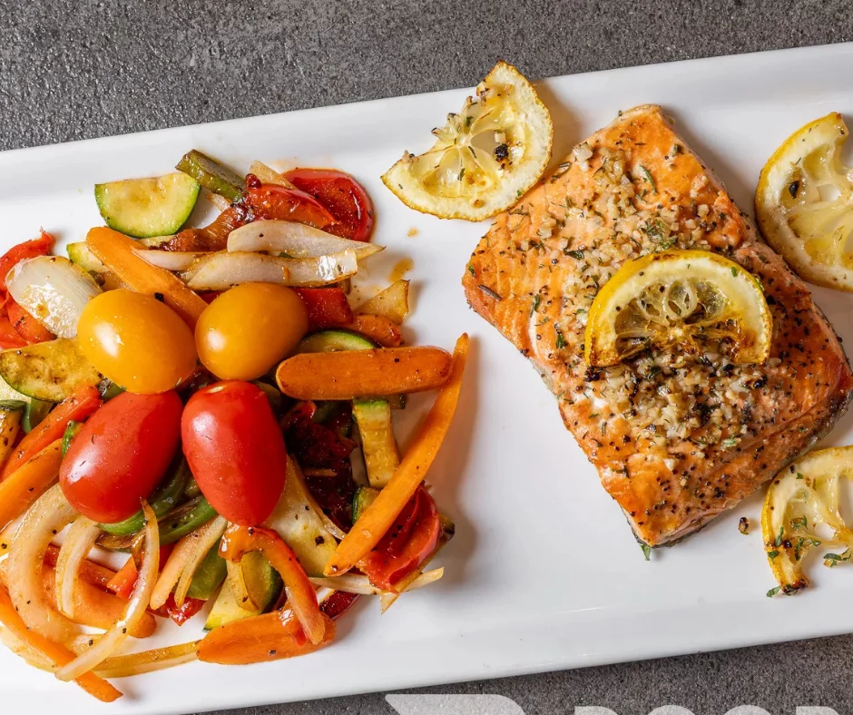 Grilled salmon with roasted vegetables, Mediterranean style