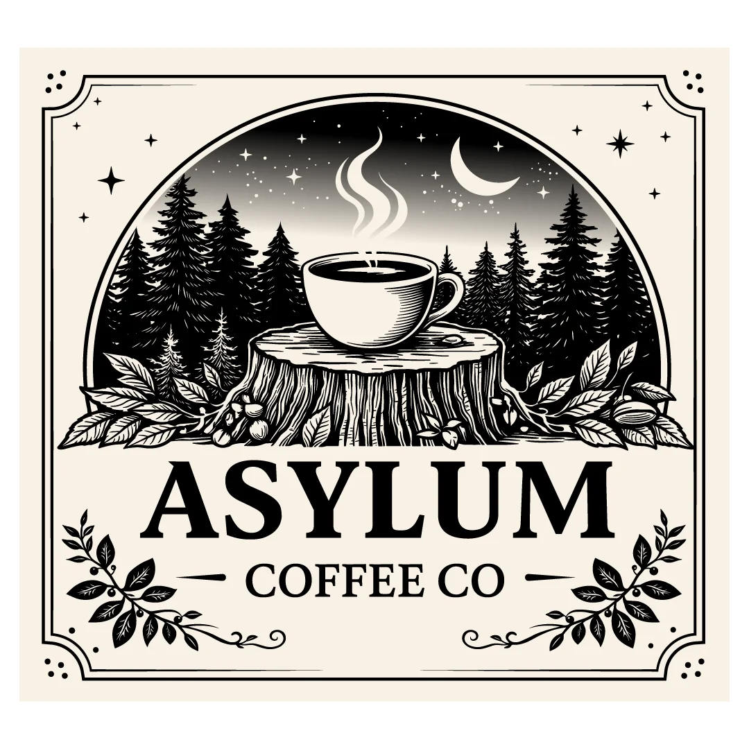 A vintage-style coffee logo featuring a steaming cup placed on a tree stump, surrounded by a forest scene with stars and a crescent moon.