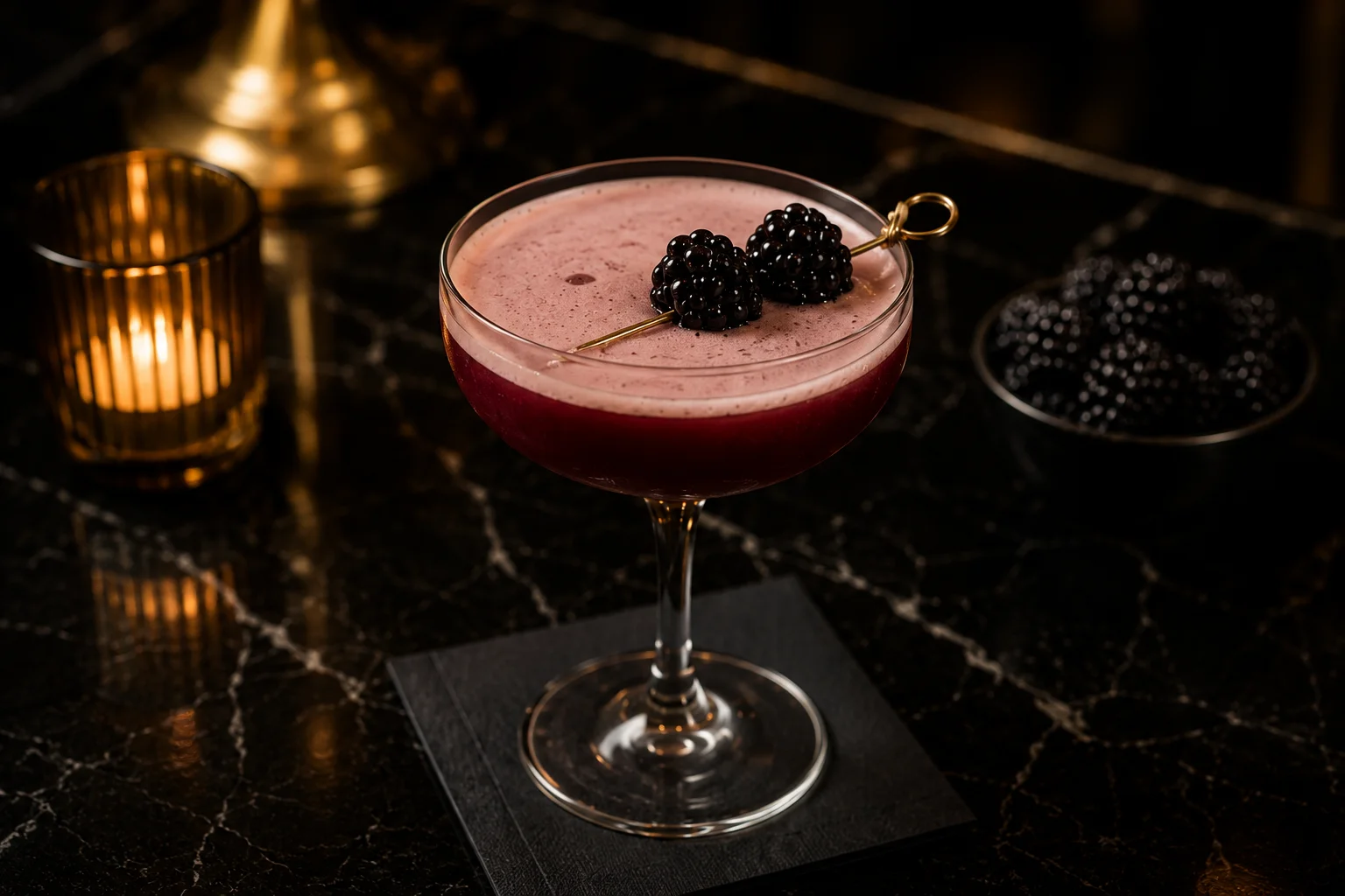 A beautifully crafted cocktail garnished with blackberries, served in an elegant glass on a marble table.