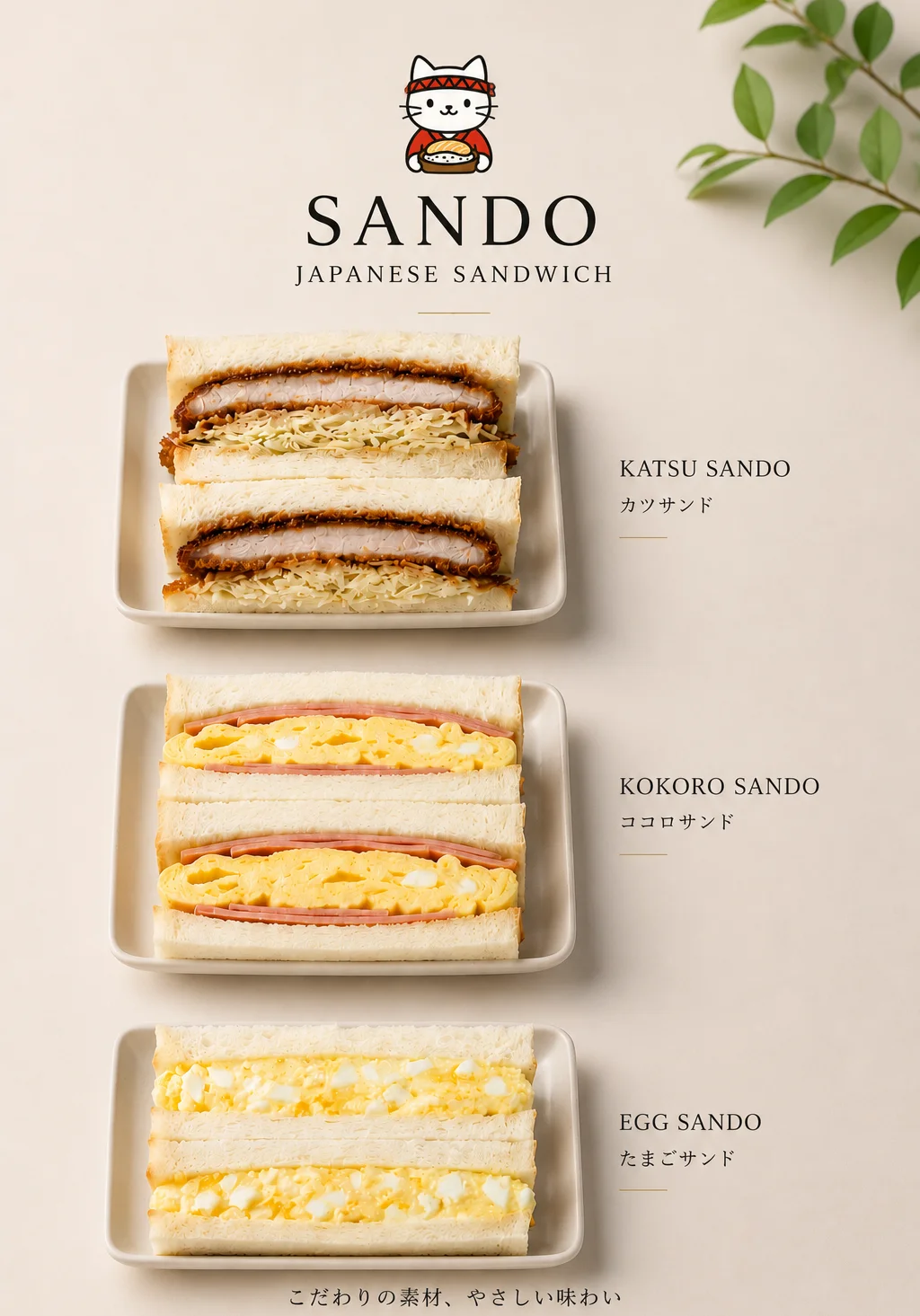 Three types of Japanese sandwiches: Katsu, Kokoro, and Egg Sando.