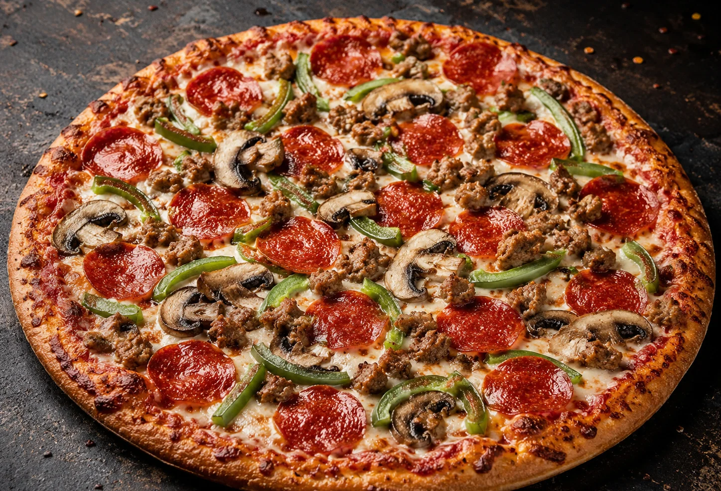 Classic pepperoni and sausage pizza from an Italian pizzeria
