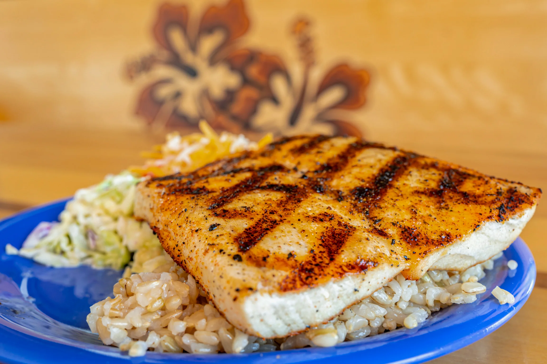 Grilled Hawaiian fish plate with rice and coleslaw