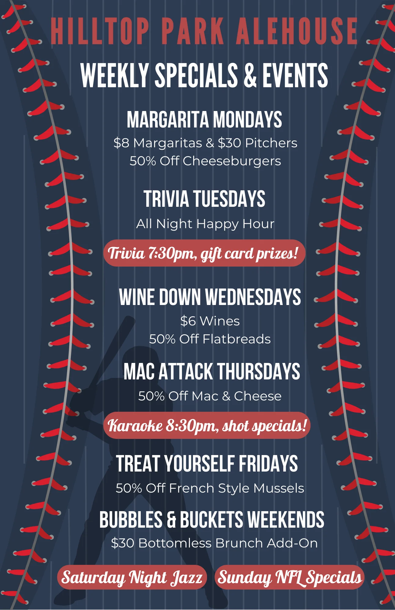 Weekly specials and events menu at Hilltop Park Alehouse