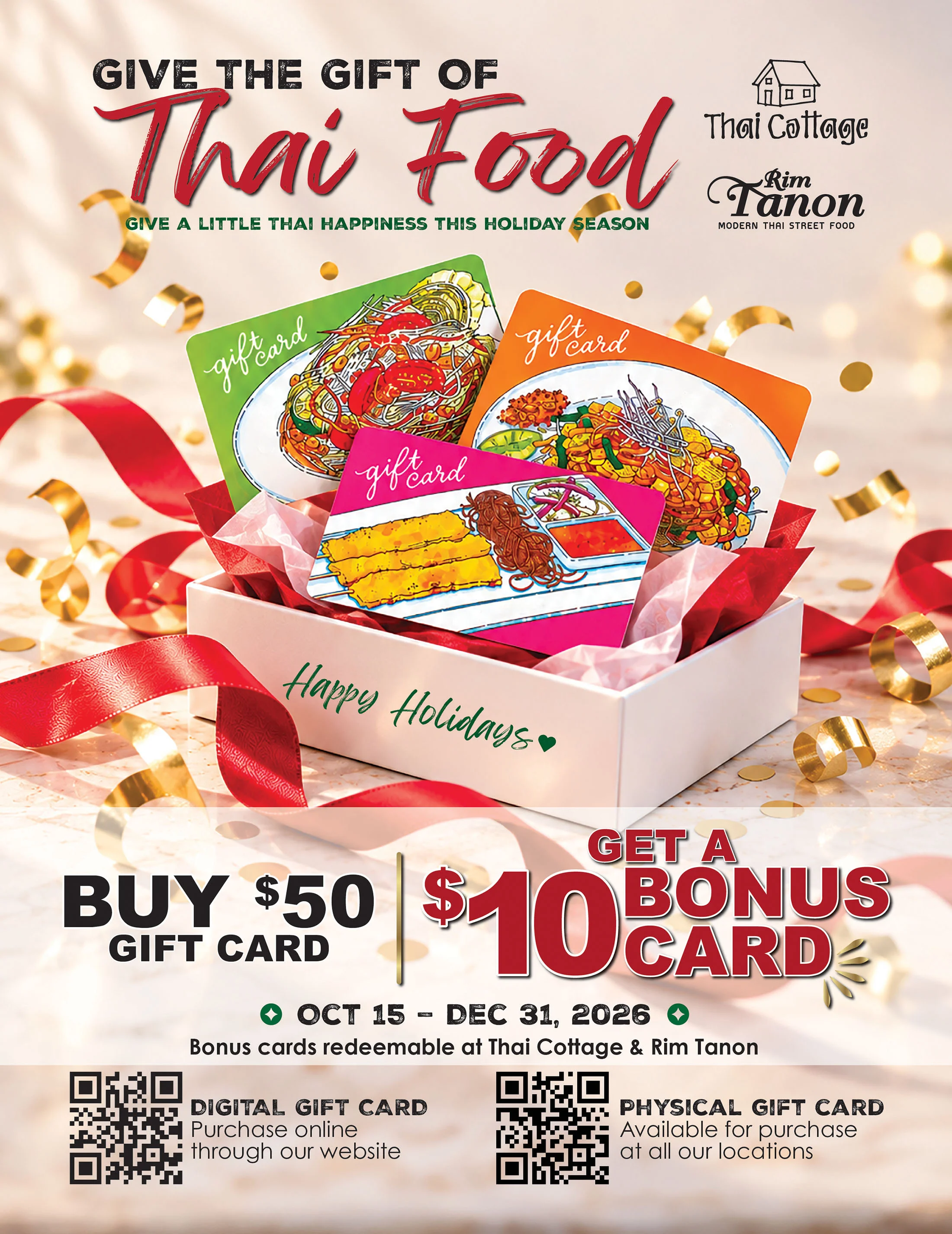 Colorful gift cards featuring Thai dishes: Pad Thai, Som Tum, Chicken Satay