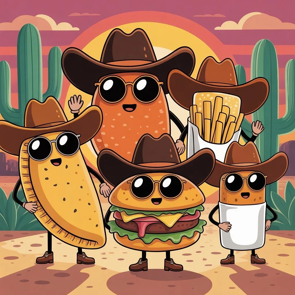 Cartoon food characters in cowboy hats against a sunset backdrop.