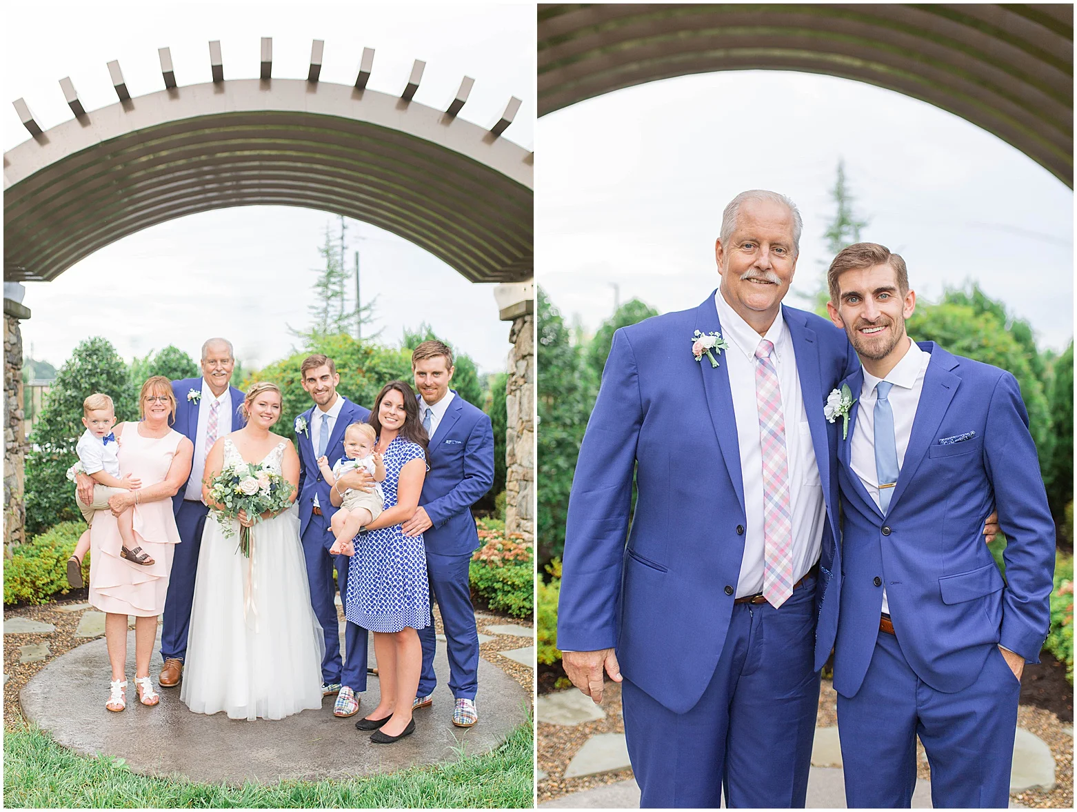 Family wedding portrait in a garden setting