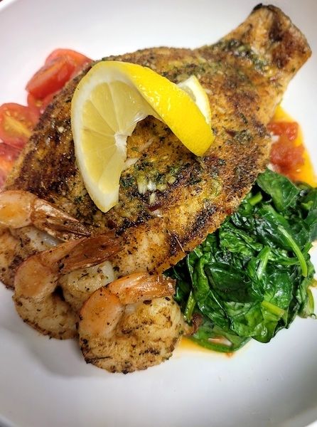 Blackened Sea Bass & Grilled Shrimp# at Page’s Okra Grill