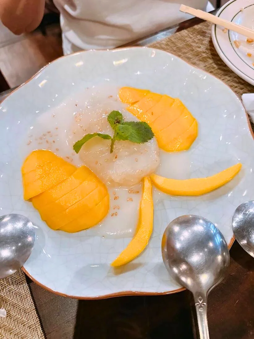 Thai mango sticky rice dessert with coconut cream