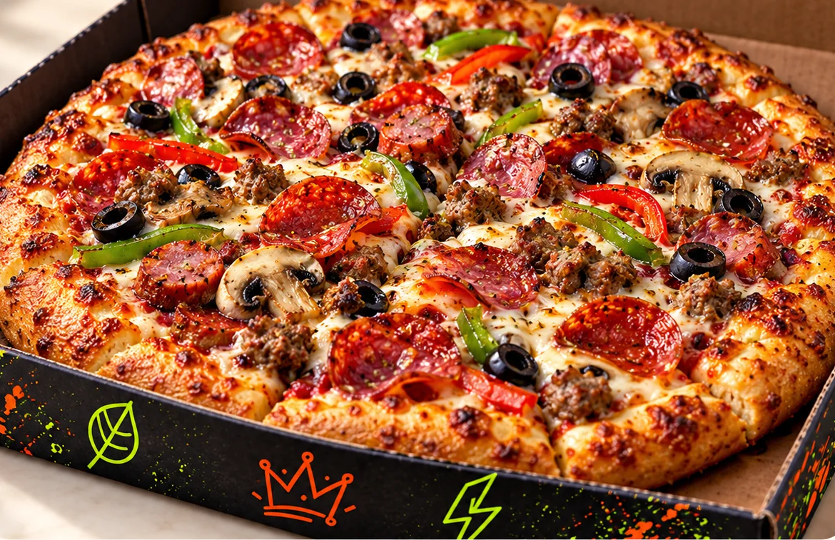 Loaded specialty pizza with pepperoni, salami, sausage, mushrooms, olives and peppers