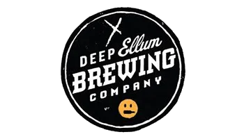 Black and white Deep Ellum Brewing Company logo with yellow smiley icon