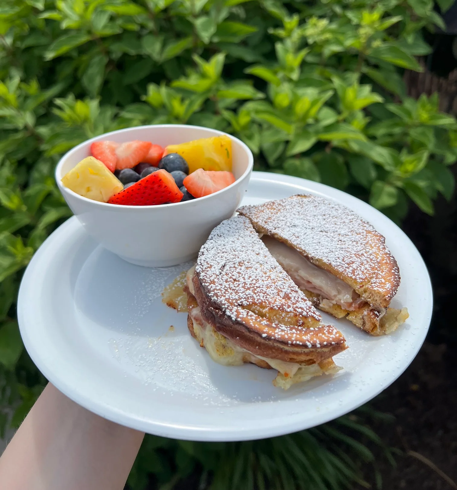French toast sandwich with fresh fruit salad