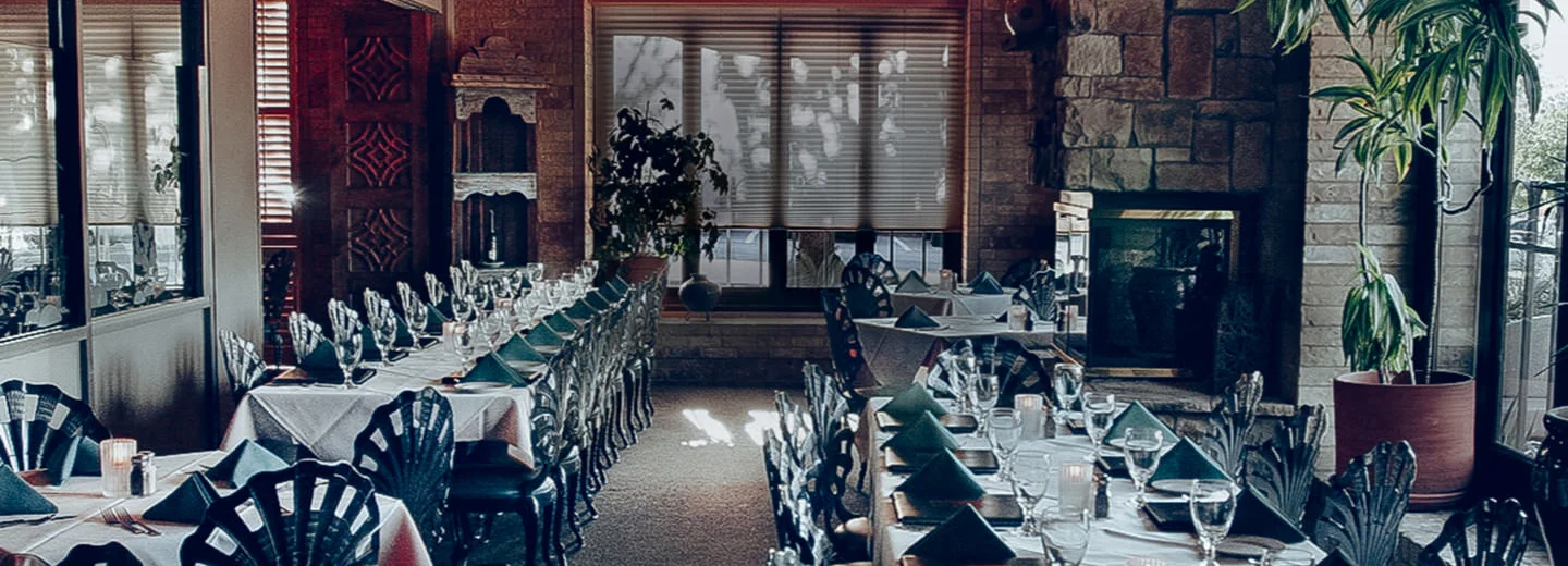 Elegant restaurant interior with stone accents and cozy lighting