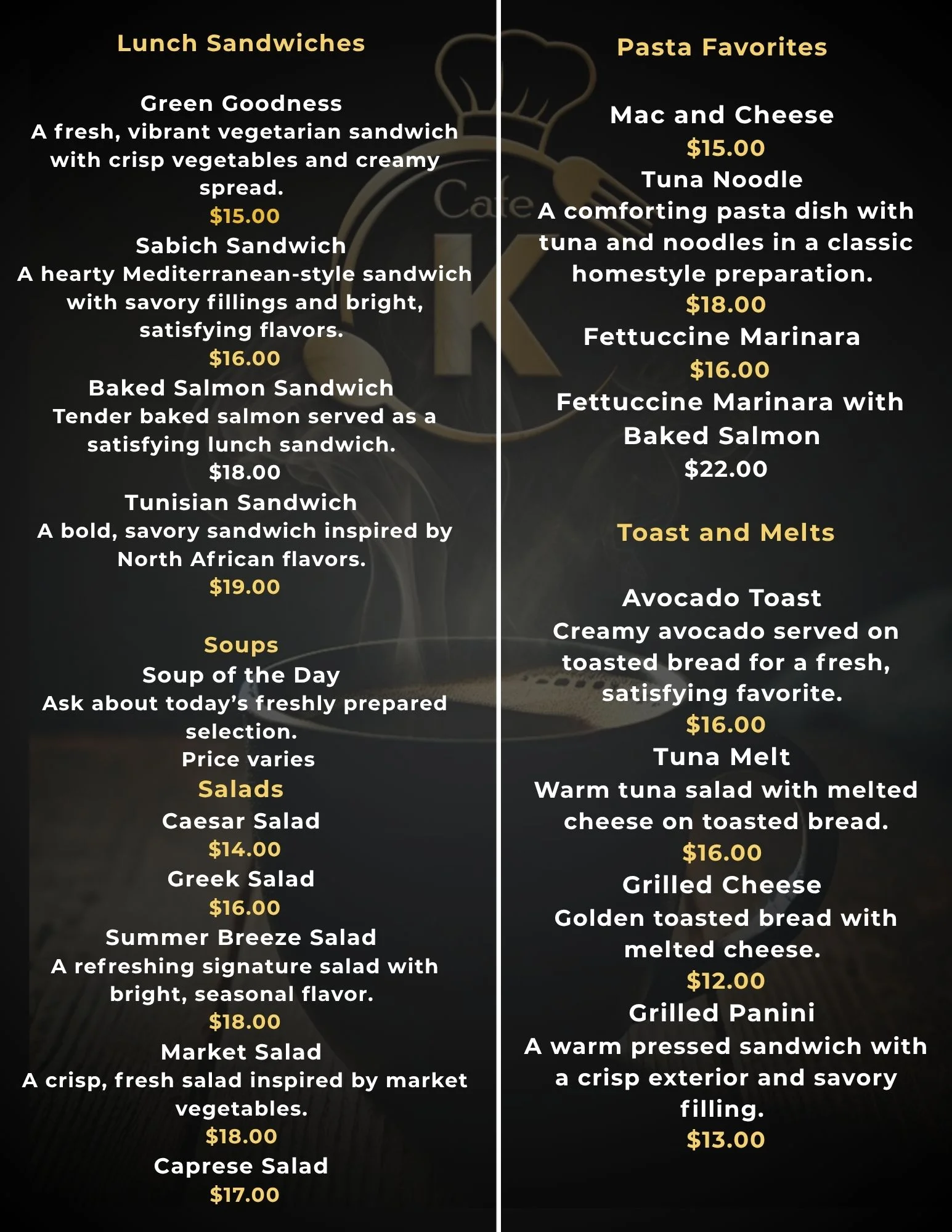 Brunch menu featuring salads, toasts, pasta, and chef specials
