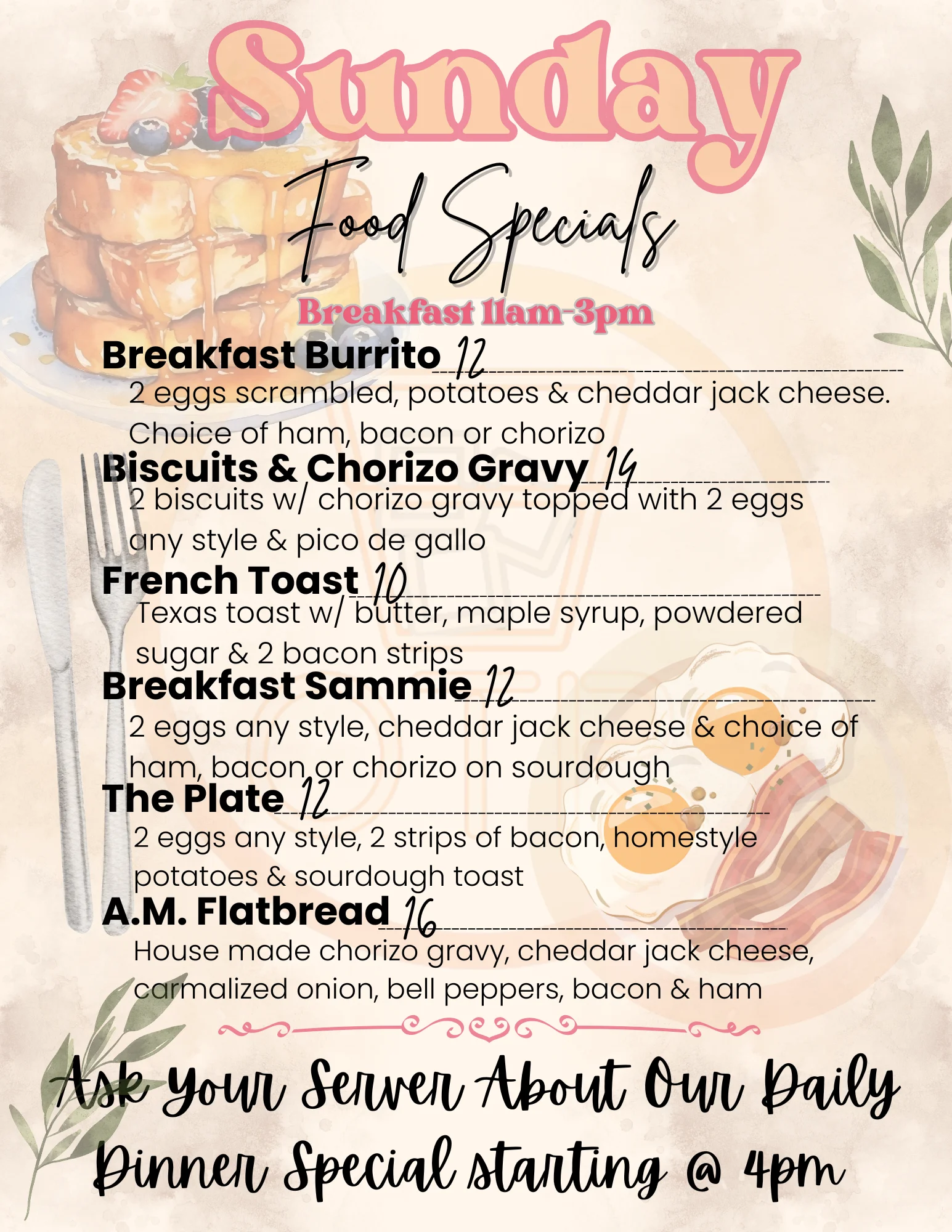 Sunday breakfast specials menu featuring various dishes