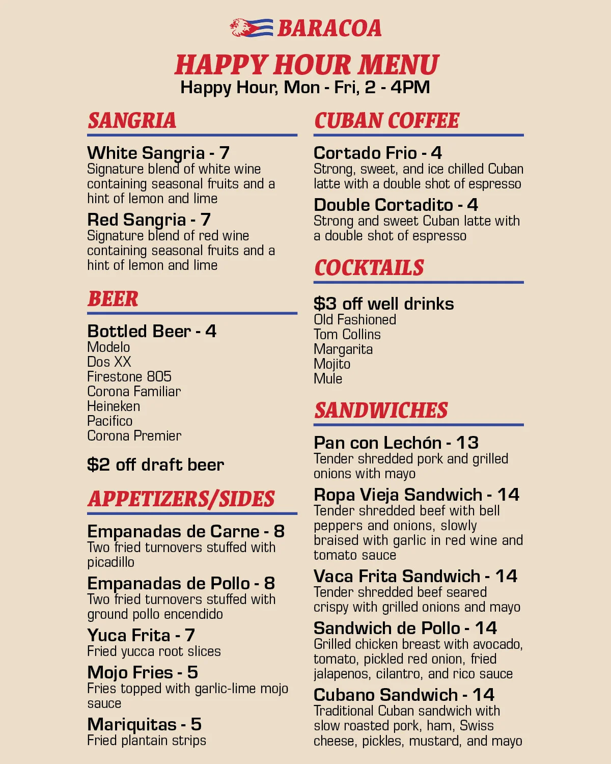 Happy hour menu featuring Cuban dishes and drinks