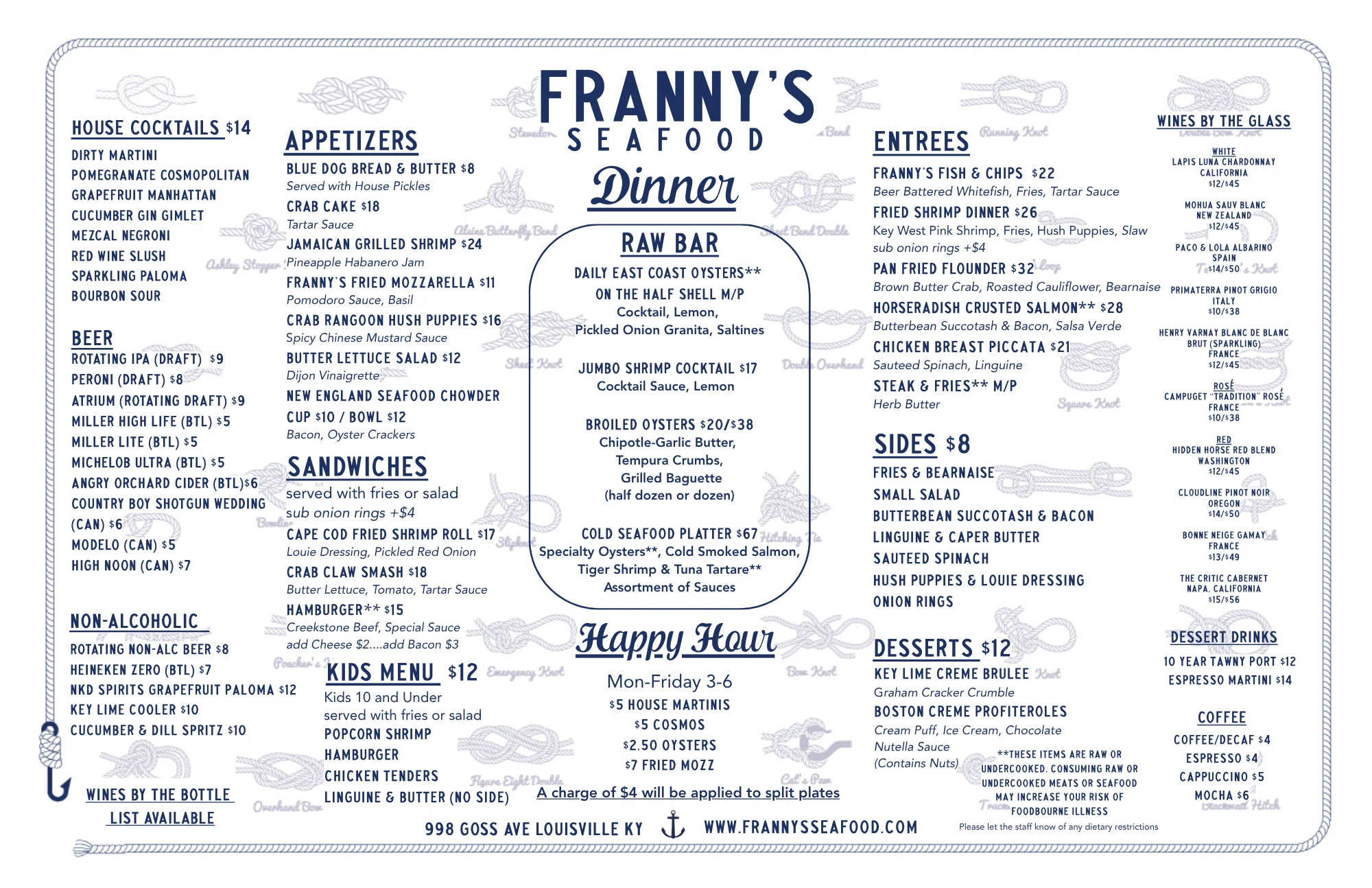 Seafood dinner menu featuring various dishes and drinks
