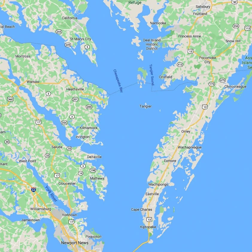 Map of Chesapeake Bay region in Virginia and Maryland