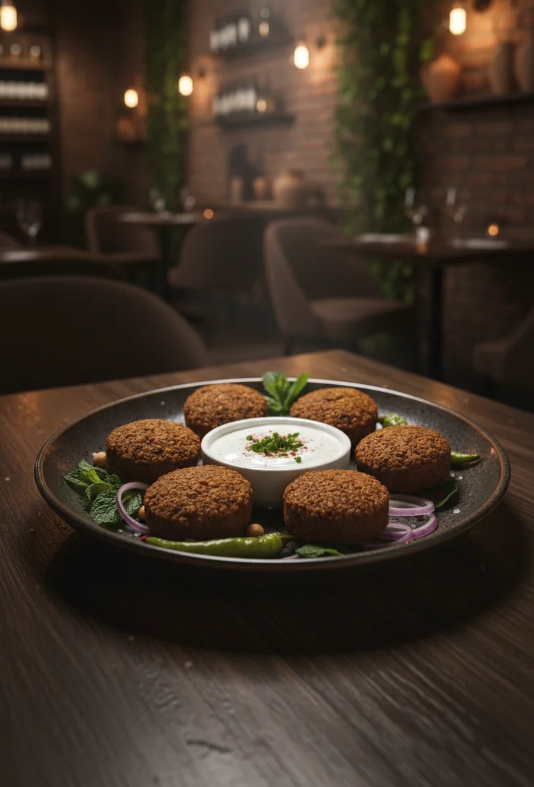 A plate of falafel served with a creamy dipping sauce, garnished with mint and surrounded by green chilies and onion slices.