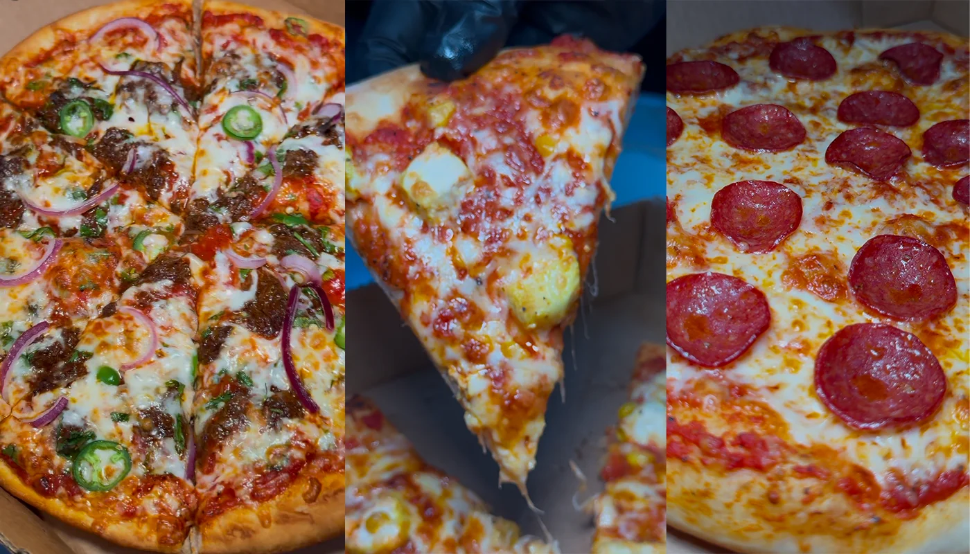Variety of pizzas including pepperoni and gourmet toppings